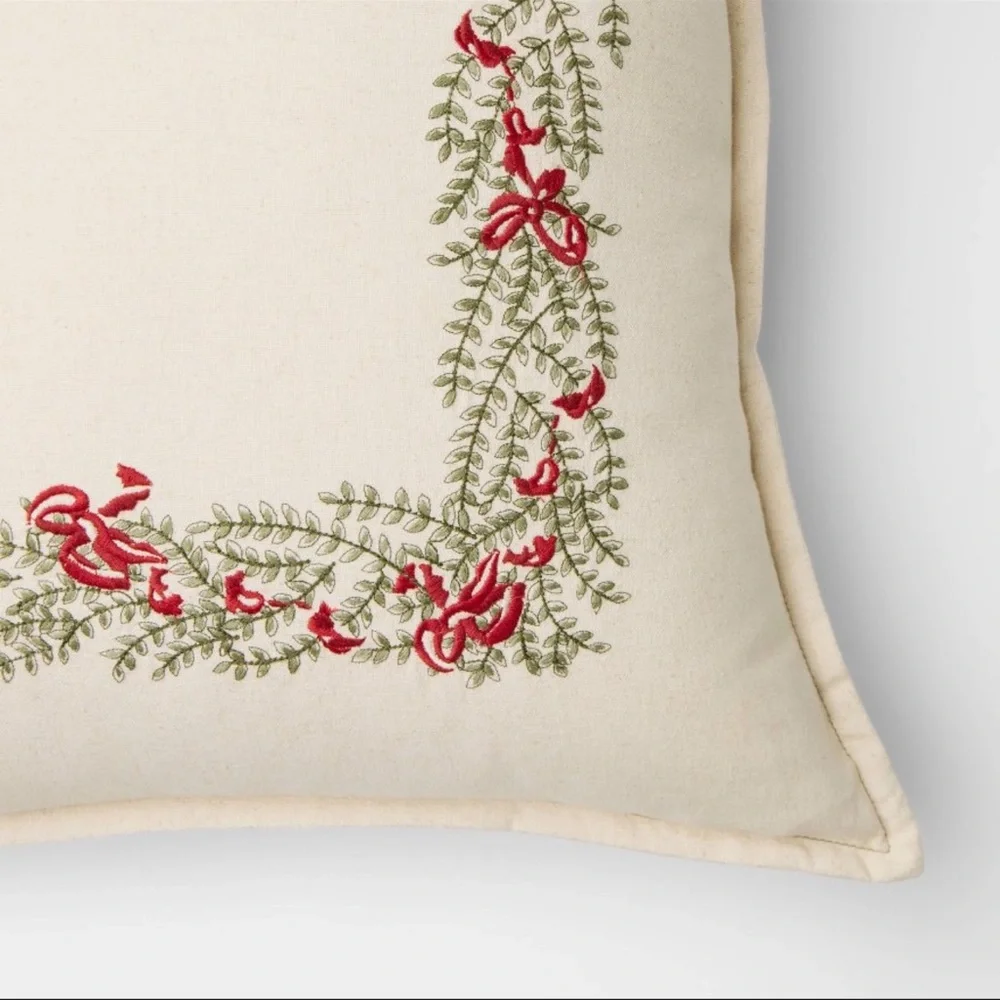 Large Natural Embroidered Leaves & Bows Holiday Pillow Threshold w/ Studio McGee